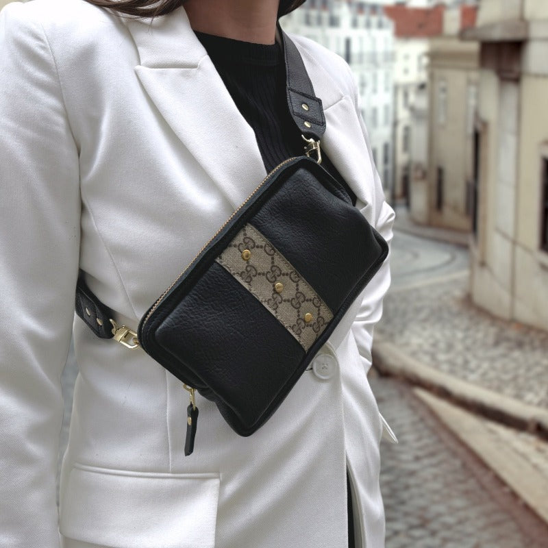 Bella Belt Bag In Black Leather | Upcycled GG