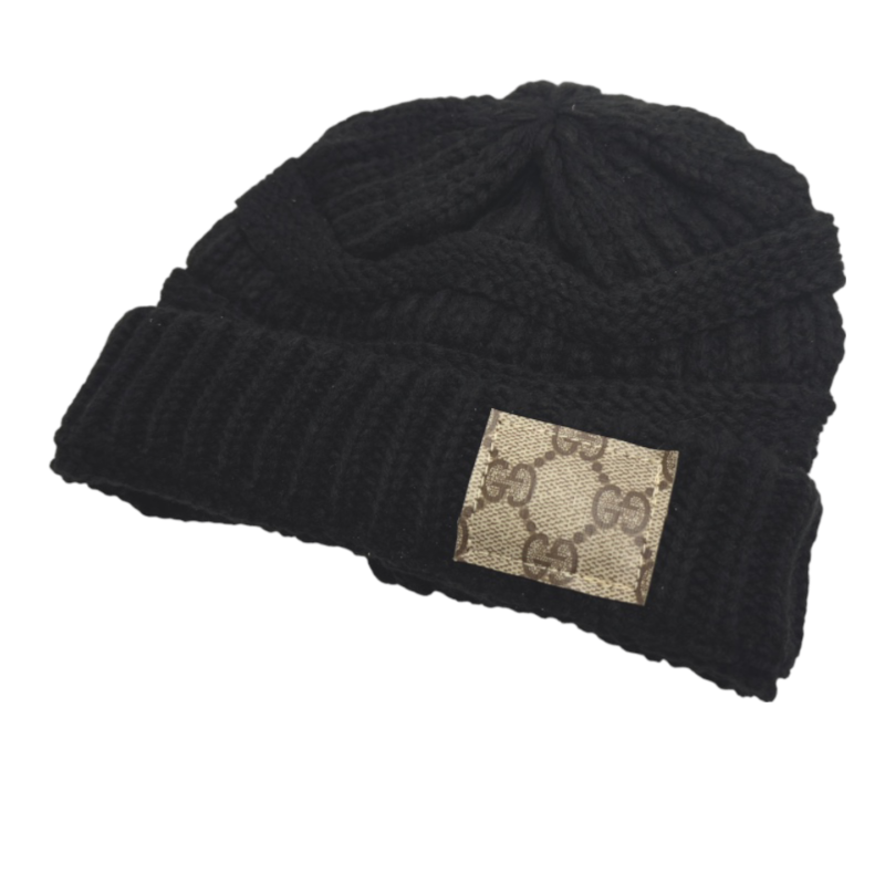 GlacierGlam Beanie In Black Knit | Upcycled LV, GG