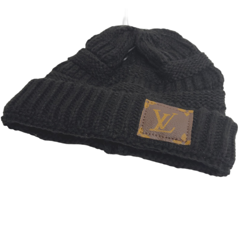 GlacierGlam Beanie In Black Knit | Upcycled LV, GG