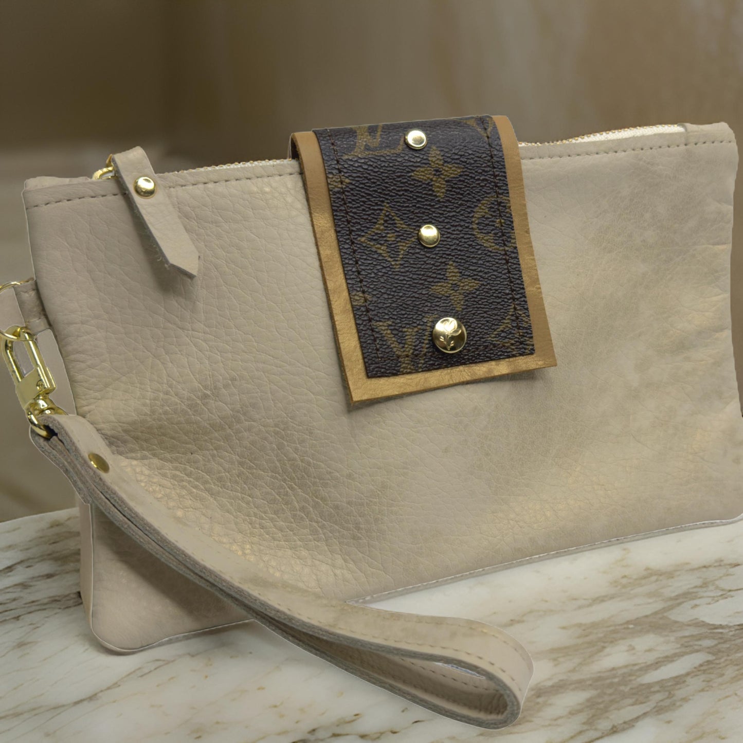 Stella Wristlet In Stone Leather | Upcycled LV